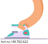 Human hand with iron ironing linen. Household appliances, electronic device for ironing. Home appliance, metal steam iron vector illustration. Clothing care, daily routine, house cleaning concept. Human hand ironing linen with flatiron. Home appliance, metal steam iron device for clothing care. Стоковая иллюстрация, агентство Ingram Publishing / Фотобанк Лори