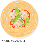 Dinner or breakfast, homemade Italian spaghetti. Dish cooked for clients of restaurant or cafe. Delicious dish vermicelli with mushrooms and vegetables. Pasta or macaroni, Italian national cuisine. Homemade spaghetti, restaurant or cafe dish. Pasta or macaroni, Italian national cuisine food. Стоковая иллюстрация, агентство Ingram Publishing / Фотобанк Лори