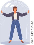 Female restrictions, young woman stands under glass jar. Character is getting out of confined space. Concept of freedom, mental rehabilitation and opening up new opportunities for personal development. Female restrictions, young woman stands under glass jar. Character is getting out of confined space. Стоковая иллюстрация, агентство Ingram Publishing / Фотобанк Лори