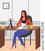 Podcaster woman character in office room interior. Girl listening audio podcast and speaking at live streaming use smartphone and laptop on her vlog. Podcaster making, blogger, technology concept. Podcaster woman character in office room interior. Girl listening audio podcast. Стоковая иллюстрация, агентство Ingram Publishing / Фотобанк Лори