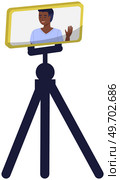 Phone on tripod. People broadcasting, stream on smartphone. Live streaming. Video blog recording, male blogger using mobile and tripod stand. Illustration of making videos for social media publishing. Phone on tripod. People broadcasting, video blog recording, stream on smartphone. Live streaming. Стоковая иллюстрация, агентство Ingram Publishing / Фотобанк Лори