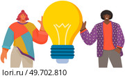 People work with technology and data. Colleagues communicating and discussing new startup. Employees work with idea, search for solution. Light bulb as symbol of new idea for business development. People work with technology. Colleagues communicating and discussing new startup with lightbulb. Стоковая иллюстрация, агентство Ingram Publishing / Фотобанк Лори