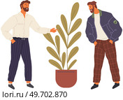 Men talking together facing each other. Male friends standing and communicating. Two young male characters meeting and speaking standing isolated on white background in garden. Persons chatting. Men talking together facing each other. Male friends standing and communicating. Persons chatting. Стоковая иллюстрация, агентство Ingram Publishing / Фотобанк Лори