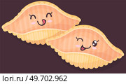 Cute ravioli, group of cartoon pasta, illustration for food blog or menu design, Italian cuisine. Traditional hot dish. Classic restaurant pasta. Square dough products with filling. Cooking for dinner. Cute ravioli, group of cartoon pasta, illustration isolated on dark background, Italian cuisine. Стоковая иллюстрация, агентство Ingram Publishing / Фотобанк Лори