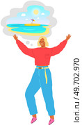 Woman at work dreaming about summer vacation at sea, thinks about traveling to resort country. Thoughtful girl dreaming about future travel to beach. Pensive dreamer with thought of trip to nature. Woman at work dreaming about summer vacation at sea, thinks about traveling to resort country. Стоковая иллюстрация, агентство Ingram Publishing / Фотобанк Лори