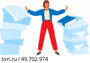 A lot of paper work. Unorganized office work. Accounting paper documents piles, disarray in files. Routine paperwork vector business, overworked concept. Stressed woman engaged in work with documents. A lot of paper work. Unorganized office work. Accounting paper documents piles, disarray in files. Стоковая иллюстрация, агентство Ingram Publishing / Фотобанк Лори