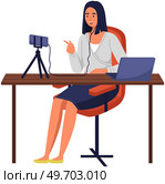 Podcaster woman character in office room interior. Girl listening audio podcast and speaking at live streaming use smartphone and laptop on her vlog. Podcaster making, blogger, technology concept. Podcaster woman character in office room interior. Girl listening audio podcast. Стоковая иллюстрация, агентство Ingram Publishing / Фотобанк Лори