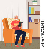 Elderly man adapting to new technologies and Internet, pensioner sitting in armchair in living room holding tablet pc. Seniors deal to modern technology. Gray-haired senior man talking on video call. Elderly man adapting to new technologies and Internet with tablet. Seniors deal to modern technology. Стоковая иллюстрация, агентство Ingram Publishing / Фотобанк Лори