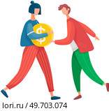 Boy and girl make money. Money income concept. Two teenagers with big coin, profit and salary. Girl walks holding dollar coin in her hand, isolated female and male student receive scholarship. Boy and girl make money. Money income concept. Two teenagers with big coin, profit and salary. Стоковая иллюстрация, агентство Ingram Publishing / Фотобанк Лори