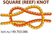 Yellow nautical rope knot, interweaving of ropes, cables, tapes or other flexible linear materials. Square reef knot isolated on white. Household binding and fastening unit for permanent fastening. Square reef knot isolated on white. Household binding and fastening unit for permanent fastening. Стоковая иллюстрация, агентство Ingram Publishing / Фотобанк Лори