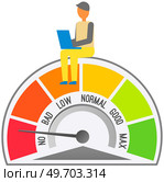 Businessman working with computer near scale from no to max. Software developer measures speed, earn in internet, success. Concept of quality and speed test of work, indicators of gradation of profit. Businessman working with computer near scale from no to max. Complexity of task and quality of work. Стоковая иллюстрация, агентство Ingram Publishing / Фотобанк Лори