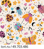 Seamless pattern with cute bugs, beetles, moth and insects, with floral elements, hearts and dots. Colorful hand drawn vector illustration. Стоковая иллюстрация, агентство Ingram Publishing / Фотобанк Лори
