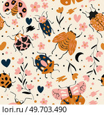 Seamless pattern with cute bugs, beetles, moth and insects, with floral elements, hearts and dots. Colorful hand drawn vector illustration. Стоковая иллюстрация, агентство Ingram Publishing / Фотобанк Лори