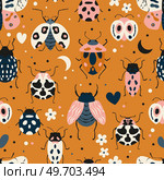 Seamless pattern with cute bugs, beetles, moth and insects, with floral elements, hearts and dots. Colorful hand drawn vector illustration. Стоковая иллюстрация, агентство Ingram Publishing / Фотобанк Лори