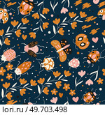 Seamless pattern with cute bugs, beetles, moth and insects, with floral elements, hearts and dots. Colorful hand drawn vector illustration. Стоковая иллюстрация, агентство Ingram Publishing / Фотобанк Лори