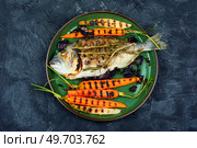 Barbecue whole dorado fish or sea bream with grilled vegetables. BBQ fish. Baked dorado with BBQ vegetables. Стоковое фото, агентство Ingram Publishing / Фотобанк Лори