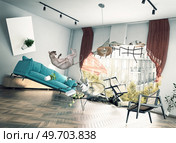 Illustration of a destroyed room with scattered debris and a startled flying cat, suggesting a recent disaster event. 3d. Illustration of a destroyed room with scattered debris and a startled flying cat. Стоковое фото, агентство Ingram Publishing / Фотобанк Лори