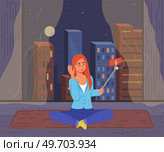 Podcaster woman character in office room interior. Girl listening audio podcast and speaking at live streaming use smartphone and laptop on her vlog. Podcaster making, blogger, technology concept. Podcaster woman character in office room interior. Girl listening audio podcast. Стоковая иллюстрация, агентство Ingram Publishing / Фотобанк Лори