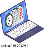 Business planning schedule on laptop screen. Time management, tasks scheduling, work with calendar in computer, reminder. Save time and money concept. Employee works to create weekly plan or timetable. Business planning schedule on laptop screen. Time management, tasks scheduling, work with calendar. Стоковая иллюстрация, агентство Ingram Publishing / Фотобанк Лори