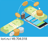 Money transfer. Online payment. Send and receive money wireless with phone. Smartphone with banking payment app. Capital flow, earning. Financial savings or economy. Money online on mobile phone. Money transfer. Online payment. Send and receive money. Smartphone with banking payment app. Стоковая иллюстрация, агентство Ingram Publishing / Фотобанк Лори