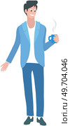 Young guy standing and talking isolated on white background. Man is looking at something behind him. Male alone character. Person stands in full growth holds cup in hand, makes gesture and speaks. Young guy standing and talking isolated on white background. Man is looking at something behind him. Стоковая иллюстрация, агентство Ingram Publishing / Фотобанк Лори