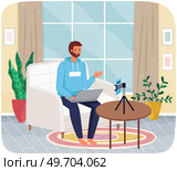 Phone on tripod. People broadcasting, stream on smartphone. Live streaming. Video blog recording, male blogger using mobile and tripod stand. Illustration of making videos for social media publishing. Phone on tripod. People broadcasting, video blog recording, stream on smartphone. Live streaming. Стоковая иллюстрация, агентство Ingram Publishing / Фотобанк Лори