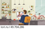 E-learning, online education, home schooling. Modern workplace, teacher on laptop screen, man student watching online webinar in home office. Web courses or tutorials concept. Education vlog. E-learning, online education, man student with computer watching online webinar in home office. Стоковая иллюстрация, агентство Ingram Publishing / Фотобанк Лори