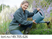 an inspired woman watering plants. Стоковое фото, агентство Ingram Publishing / Фотобанк Лори