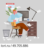 Confusion and mess. Stressed man office worker spreading papers. Tired confused worker sits at table and scaredly holding his hand over his head. Home office workplace with computer and chaos. Confusion and mess. Stressed man office worker spreading paper. Tired confused worker in home office. Стоковая иллюстрация, агентство Ingram Publishing / Фотобанк Лори