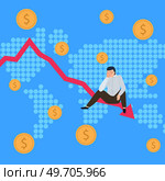 Upset man sits on falling arrow, failed statistics diagram, company bankruptcy, decrease in profits financial problem. Businessman doing report with data. Business analytics graph, strategy planning. Upset man sits on falling arrow, failed statistics diagram, company bankruptcy, decrease in profits. Стоковая иллюстрация, агентство Ingram Publishing / Фотобанк Лори