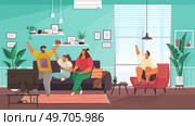 Family spending leisure time together. Mother, father, daughter and son playing board game at living room. Stay at home with children. Parenting and daycare. Happy smiling family members at cozy home. Family spending leisure time together. Mother, father, daughter and son playing board game at home. Стоковая иллюстрация, агентство Ingram Publishing / Фотобанк Лори