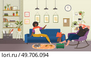 Love couple talking at home. Happy romantic married man and woman sitting in living room interior. Husband and wife in cosy homey apartment, communicating and relaxing. Family relationships. Love couple talking at home. Happy romantic married man and woman sitting in living room interior. Стоковая иллюстрация, агентство Ingram Publishing / Фотобанк Лори