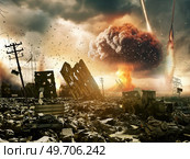 3d art illustration of explosion and destruction. Ruined city. Illustration. Стоковое фото, агентство Ingram Publishing / Фотобанк Лори
