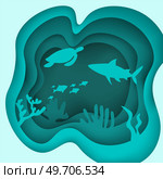 Paper craft underwater ocean cave with fishes and turtle, coral reef, seabed in algae, waves. Diving concept, deep blue marine life. Vector sea wildlife. Decorative design abstract undersea scene. Paper cut underwater ocean cave with fishes and turtle, coral reef, seabed in algae. Diving concept. Стоковая иллюстрация, агентство Ingram Publishing / Фотобанк Лори