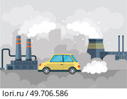 Plant or industrial factory building and car with smoking chimneys, smoke in air, waste pollution. Manufacturing factory premice. Oil rig and industrial transport, exhaust gas car pollute environment. Plant or industrial factory building and car with smoking chimneys, smoke in air, waste pollution. Стоковая иллюстрация, агентство Ingram Publishing / Фотобанк Лори