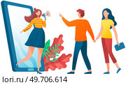 Woman with loudspeaker attracts people. Advertising and promotion business scene. Marketing strategy to attract potential customers. Motivation to visit site, make purchase. Product presentation. Woman with loudspeaker peeks out of phone attracts people. Advertising and promotion business scene. Стоковая иллюстрация, агентство Ingram Publishing / Фотобанк Лори