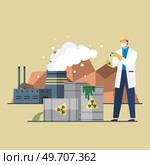Scientist studying environmental, ecological problems air, atmosphere carbon pollution, causes of climate change. CO2 reduction. Eliminate environment danger from air contamination. Chemical industry. Scientist studying environmental, ecological problems air and atmosphere carbon pollution, Стоковая иллюстрация, агентство Ingram Publishing / Фотобанк Лори