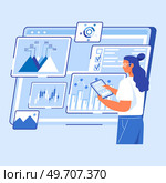 Manager testing and analyzing graph reports, business targets, company success at rate scale chart. Woman looking at data, studying financial statistics. Benchmarking indicator metrics performance. Manager testing and analyzing graph reports, business targets, company success at rate scale chart. Стоковая иллюстрация, агентство Ingram Publishing / Фотобанк Лори