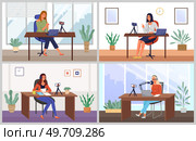 Podcaster woman character in office room interior. Girl listening audio podcast and speaking at live streaming use smartphone and laptop on her vlog. Podcaster making, blogger, technology concept. Podcaster woman character in office room interior. Girl listening audio podcast. Стоковая иллюстрация, агентство Ingram Publishing / Фотобанк Лори