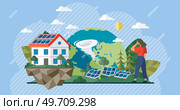 Solar panel with sun power photovoltaic PV home system renewable electric energy technology house, cell, battery, vehicle, aircraft and spacecraft. Solar panel destroyed after tornado. Climate change. Solar panel with sun power photovoltaic PV home system. Solar panel destroyed after tornado. Climate change. Стоковая иллюстрация, агентство Ingram Publishing / Фотобанк Лори