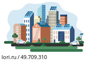 Renewable electric solar power plant station. Modern big town alternative eco green energy. Gren energy city smart power building. Solar power station building sun and urban city skyscrapers skyline. Clean sustainable energy generation industry. Solar power station building sun and urban city skyscrapers skyline. Стоковая иллюстрация, агентство Ingram Publishing / Фотобанк Лори
