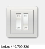 Realistic toggle switch on or off. Control electric light. Round illumination switch. Switch minimalist style isolated on a white background. Light switch in ON and OFF position. Switch minimalist style isolated on a white background. Light switch in ON and OFF position. Стоковая иллюстрация, агентство Ingram Publishing / Фотобанк Лори