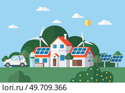 Solar panel on home roof sun system. Solar panels system collector from poly crystalline square cells. Solar panel and high voltage house ecology green. Blue silicon photovoltaic electric solar panel. Solar panel on home roof sun system. Solar panels system collector from poly crystalline square cells. Стоковая иллюстрация, агентство Ingram Publishing / Фотобанк Лори