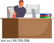 Office worker at table holding paper document in hand. Businessman or clerk working at his office workplace with computer. Thrilled man enterpreneur reads report, looks at information on monitor. Office worker at table holding paper document, working at his office workplace with computer. Стоковая иллюстрация, агентство Ingram Publishing / Фотобанк Лори