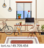 Home office interior. Vector illustration. Freelancer working from home place, convenient workplace Home office workplace Self employed concept Minimalist work space Remote working from home or any. Home office interior. Vector illustration. Working at home, coworking space. Стоковая иллюстрация, агентство Ingram Publishing / Фотобанк Лори