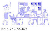 Colleagues communicate and discuss startup during meeting in office, line art vector concept. Businesspeople discussing business idea sitting at negotiating table. Planning, concluding new project. Colleagues communicate and discuss startup during meeting in office, line art vector concept. Стоковая иллюстрация, агентство Ingram Publishing / Фотобанк Лори