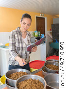pretty woman preparing bowls of dog food at animal shelter. Стоковое фото, агентство Ingram Publishing / Фотобанк Лори
