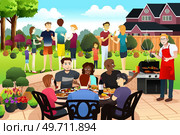 A vector illustration of Friends and Family Gather Together Having BBQ Party in the Summer. Стоковая иллюстрация, агентство Ingram Publishing / Фотобанк Лори
