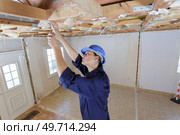 female labourer working on wooden ceiling joists. Стоковое фото, агентство Ingram Publishing / Фотобанк Лори