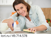 smiling woman cleaing the kitchen sink. Стоковое фото, агентство Ingram Publishing / Фотобанк Лори